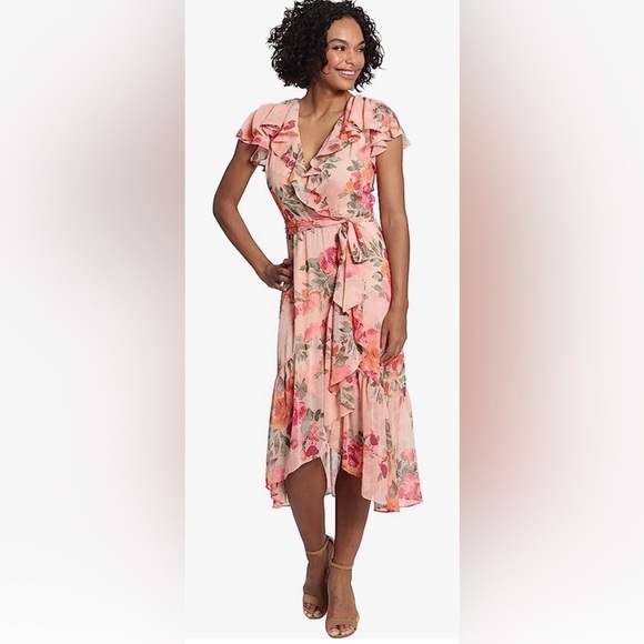 NWOT London Times Cold Shoulder Ruffle Wrap Midi Dress Size 6 - Picture 1 of 7